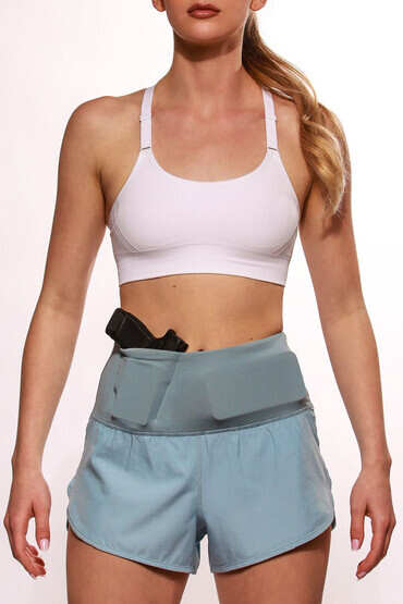 Women's Concealed Carry Runners Shorts from Alexo in light blue with concealed carry pocket
